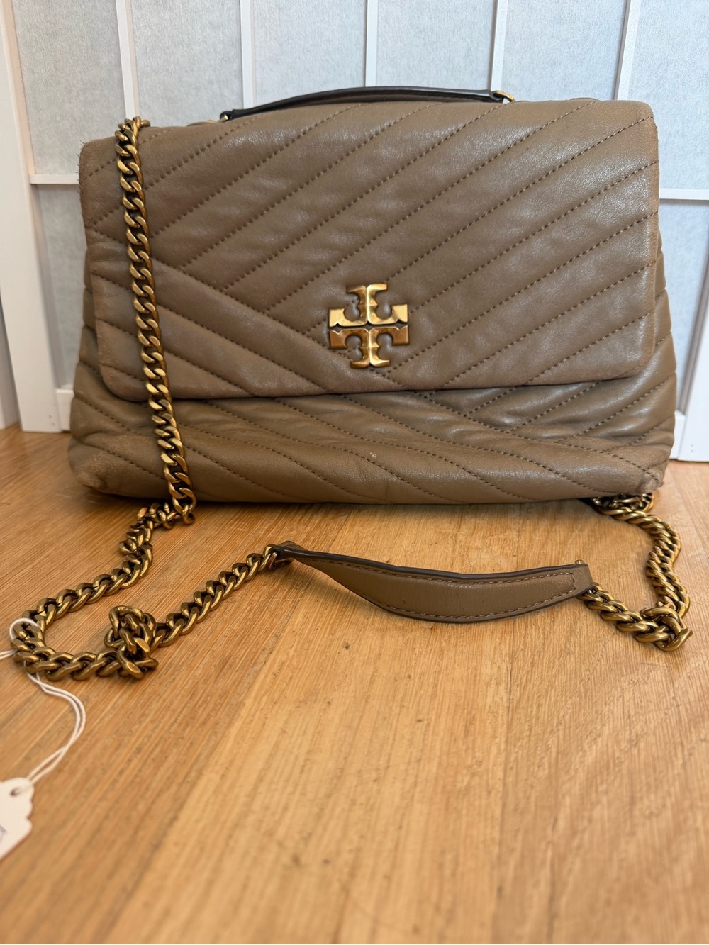 Tory Burch Quilted Leather Shoulder Bag in Taupe with Gold Hardware